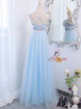 Light Blue Tulle Straps Beading Prom Dress