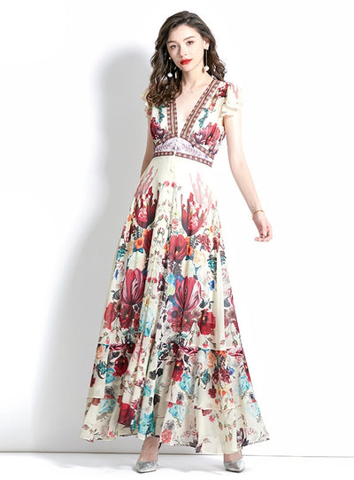 Retro Deep V-neck Printed Long Dress