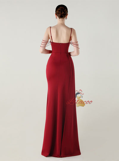 Burgundy Mermaid Spaghetti Straps Beading Prom Dress