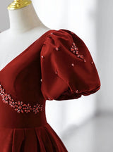 Burgundy Velvet Puff Sleeve V-neck Crystal Prom Dress