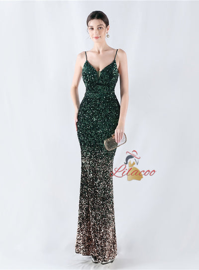 Spaghetti Straps Mermaid Sequins Prom Dress