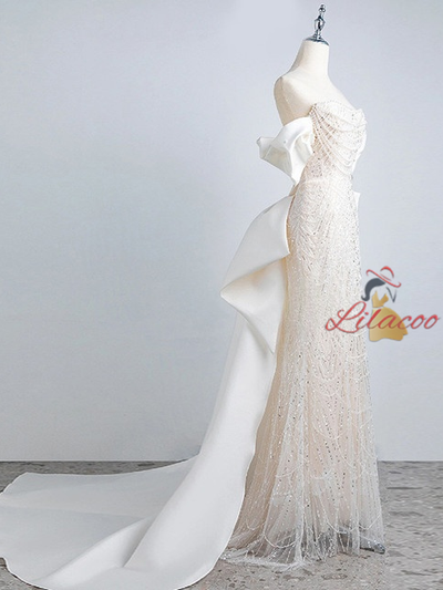 Ivory White Mermaid Sequins Pearls Wedding Dress