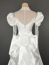 White Satin Appliques Beading High Neck Wedding Dress