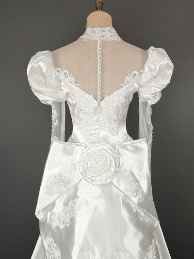 White Satin Appliques Beading High Neck Wedding Dress