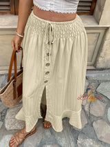 Retro Elastic Waist Button Split Skirt