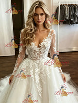 White Tulle Appliques Long Sleeve Wedding Dress