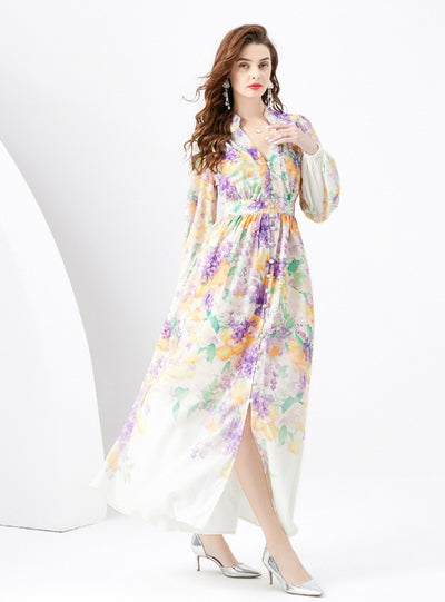 V-neck Lantern Sleeve Wavy Long Retro Print Dress