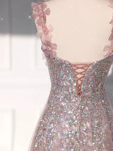 Pink Tulle Sequins Straps 3D Flower Prom Dress