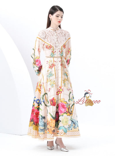 Retro Breasted Lace Stitching Printed Dress