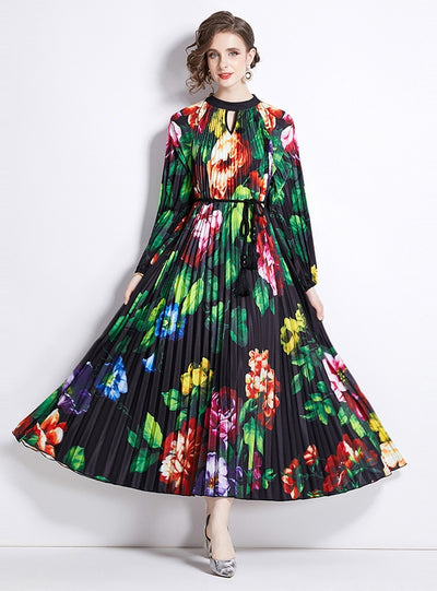 Printed Lantern Sleeve Pleated Belt Dress