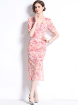 Pink Smudge Gradient Gauze V-neck Dress