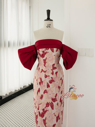 Burgundy Print Off the Shoulder Prom Dress