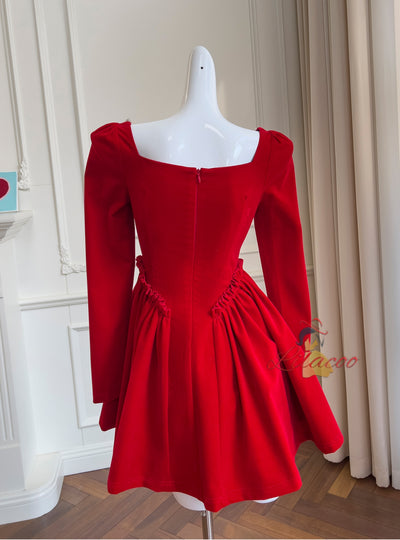Retro Red Velvet Long Sleeve Dress
