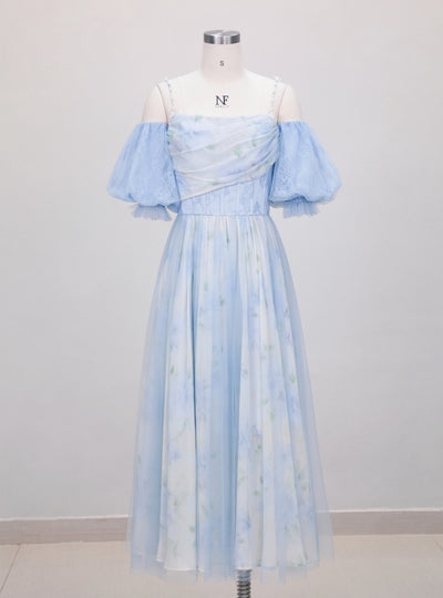 Strap Pleated Print Lantern Sleeve Dress