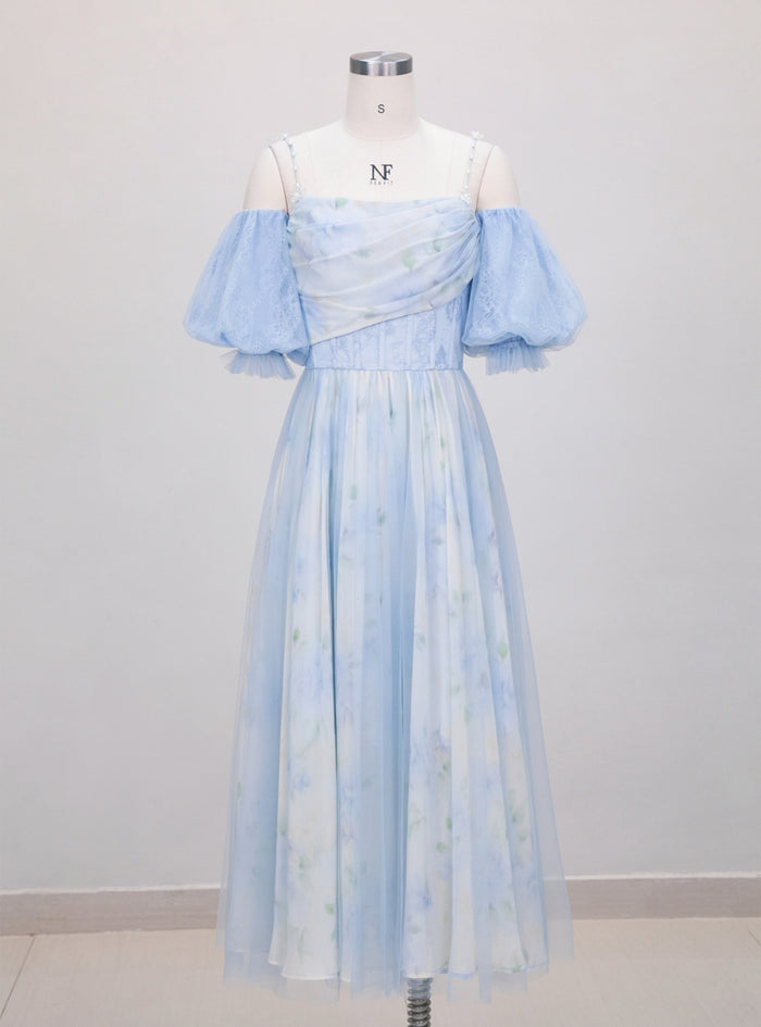 Strap Pleated Print Lantern Sleeve Dress