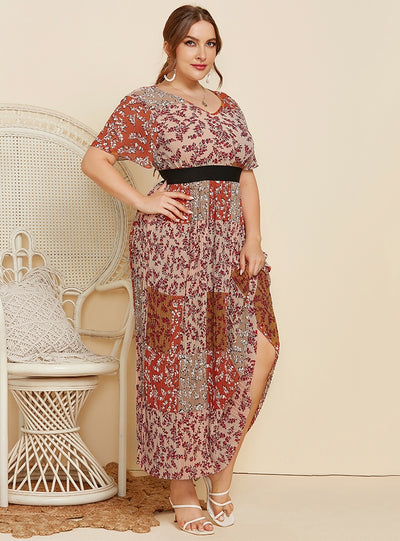 V-neck Mosaic Floral Short-sleeved Dress