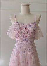Pink Tulle Sequins Flower Prom Dress