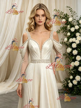 Ivory Long Sleeve Straps Beading Wedding Dress