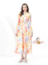 Retro Lace Lantern Sleeve Long Printed Dress