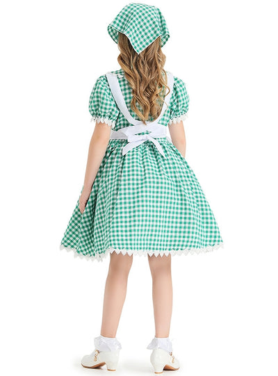 Pastoral Girl's Green Plaid Dress