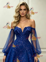 Blue Tulle Long Sleeve Sequins Prom Dress