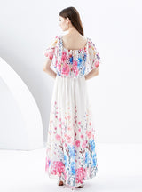 Irregular Diagonal Shoulder Chiffon Floral Dress