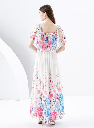 Irregular Diagonal Shoulder Chiffon Floral Dress