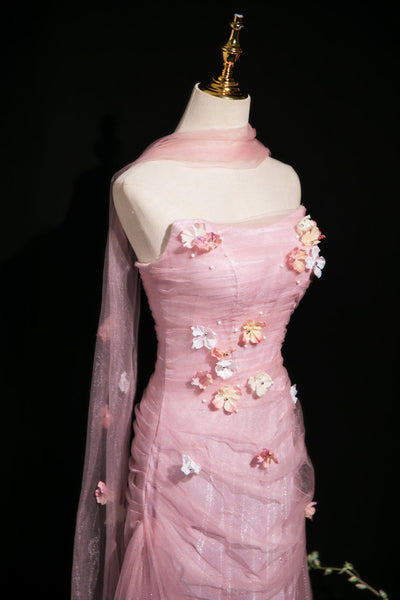 Pink Mermaid Tulle Strapless Flower Prom Dress