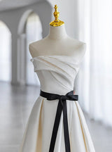 Beige Satin Strapless Pleats Wedding Dress