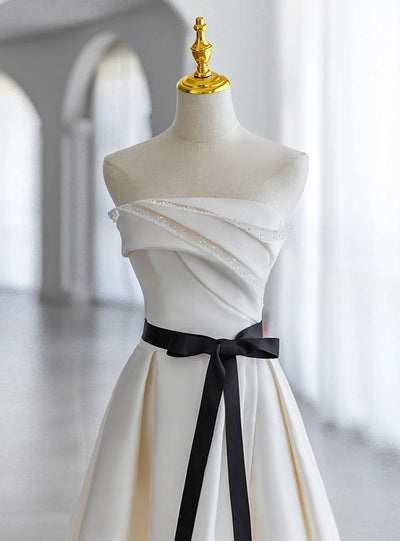 Beige Satin Strapless Pleats Wedding Dress
