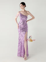 Mermaid Sequins One Shoulder Split Beading Prom Dress