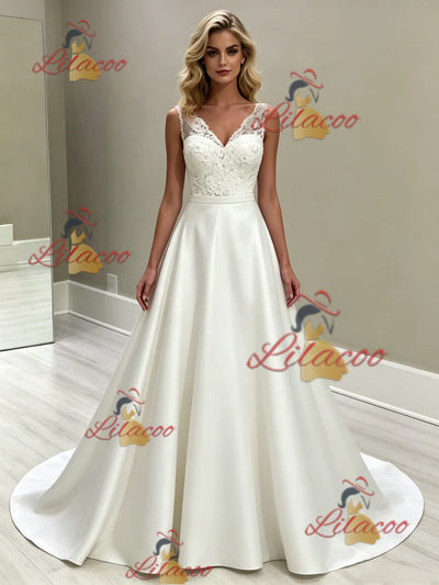 White Satin V-neck Wedding Dress