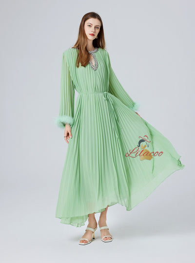 Diamond Beaded Feather Stitching Pleated Loose Dress