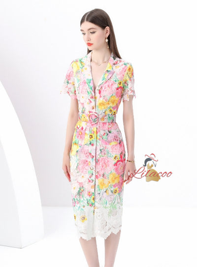 Short Sleeve Slim Lace Floral Print Song Dress