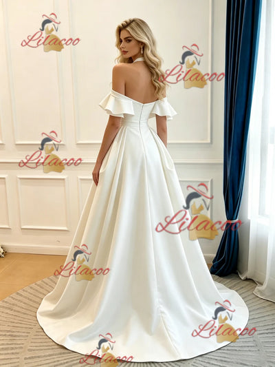 Ivory Satin Halter Pleats Wedding Dress