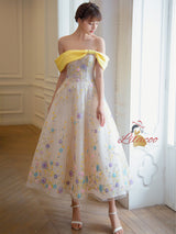 Champagne Tulle Sequins Tea Length Prom Dress