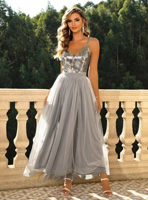 Sexy V-neck Backless Gauze Sequined Dress