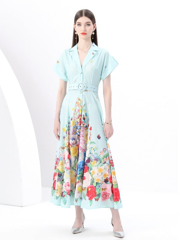 Short Sleeve Printed Long Dress