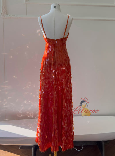 Orange Sequins Straps Long Prom Dress