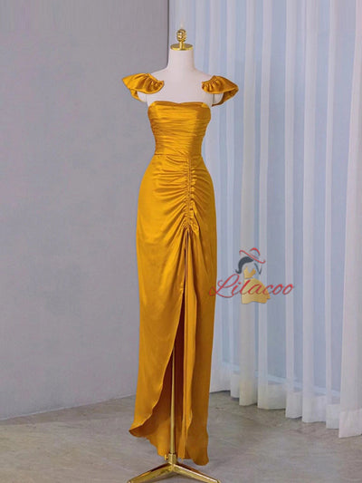 Yellow Satin Strapless Pleats Prom Dress