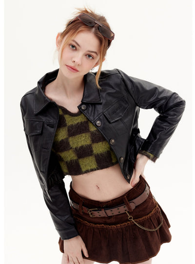 Pu Leather Short Lapel Jacket Coat