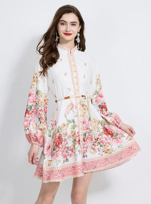 Stand-up Collar Holiday Lantern Sleeve Plant Print Mini Dress