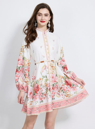 Stand-up Collar Holiday Lantern Sleeve Plant Print Mini Dress