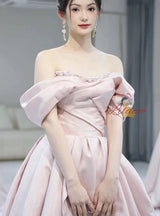 Pink Satin Tulle Pearls Prom Dress