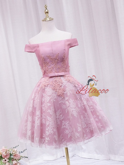 Pink Tulle Lace Off the Shoulder Homecoming Dress