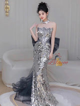 Silver Mermaid Sequins Strapless Prom Dress