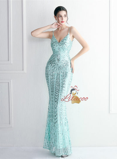 Mermaid Sequins Spaghetti Straps Prom Dress