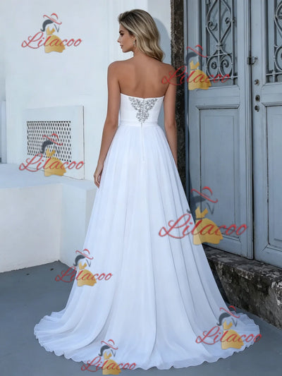 White Chiffon Strapless Wedding Dress
