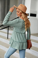 Solid Color V-neck Button Loose Long Sleeve T-shirt