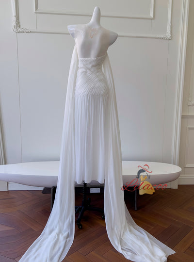 White Chiffon Pleats Prom Dress